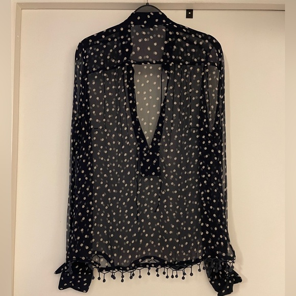 J. Crew Navy White Polka Dot Chiffon w Tassels Top - Picture 2 of 8